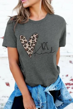 Sale Dear-Lover Leopard Heart Be Kind Graphic Tee Gray