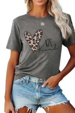 Sale Dear-Lover Leopard Heart Be Kind Graphic Tee Gray