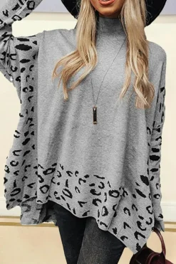 Best Dear-Lover Leopard High Neck Side Slit Oversized Sweater Gray
