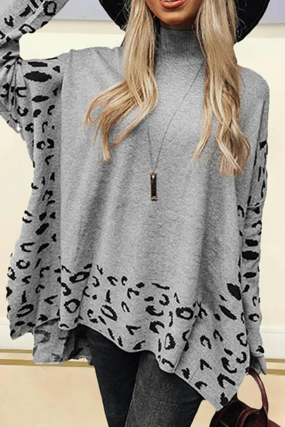 Best Dear-Lover Leopard High Neck Side Slit Oversized Sweater Gray