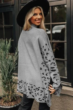 Best Dear-Lover Leopard High Neck Side Slit Oversized Sweater Gray