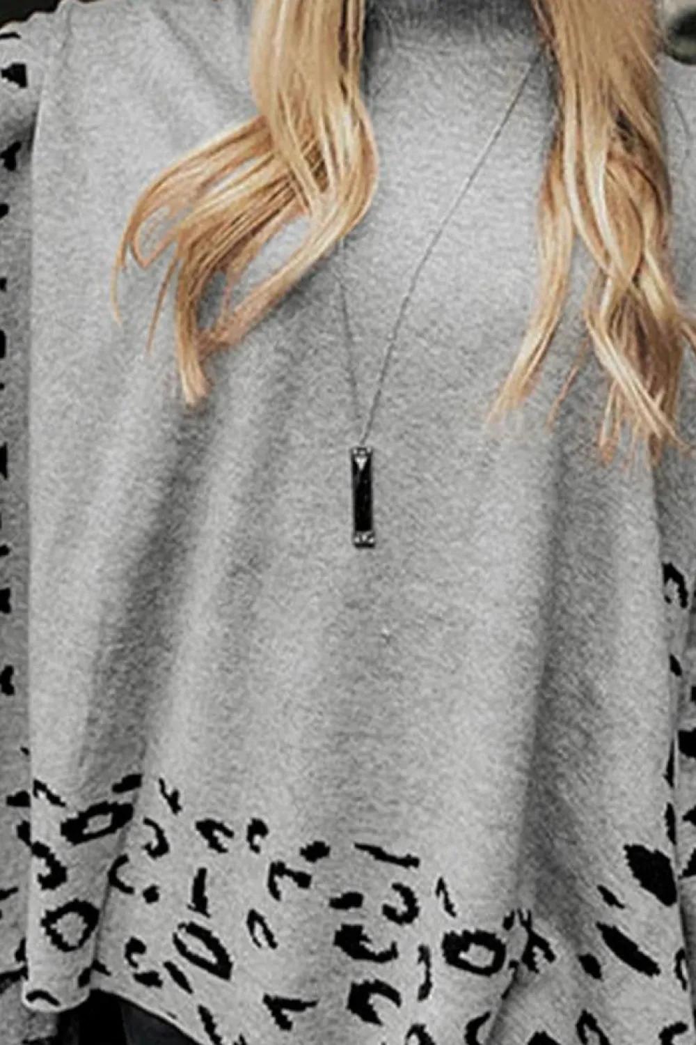 Best Dear-Lover Leopard High Neck Side Slit Oversized Sweater Gray