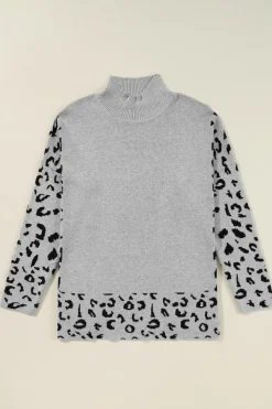 Best Dear-Lover Leopard High Neck Side Slit Oversized Sweater Gray