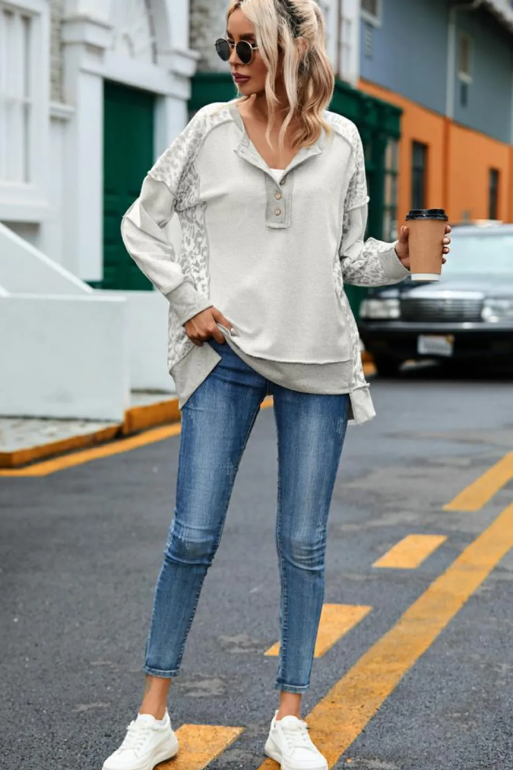 New Dear-Lover Leopard Patchwork Exposed Seam Buttoned Neck Sweatshirt Gray