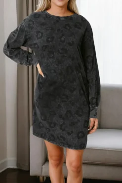 Fashion Dear-Lover Leopard Pocketed Puff Sleeve Mini Dress Gray