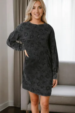 Fashion Dear-Lover Leopard Pocketed Puff Sleeve Mini Dress Gray