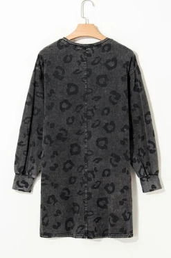 Fashion Dear-Lover Leopard Pocketed Puff Sleeve Mini Dress Gray