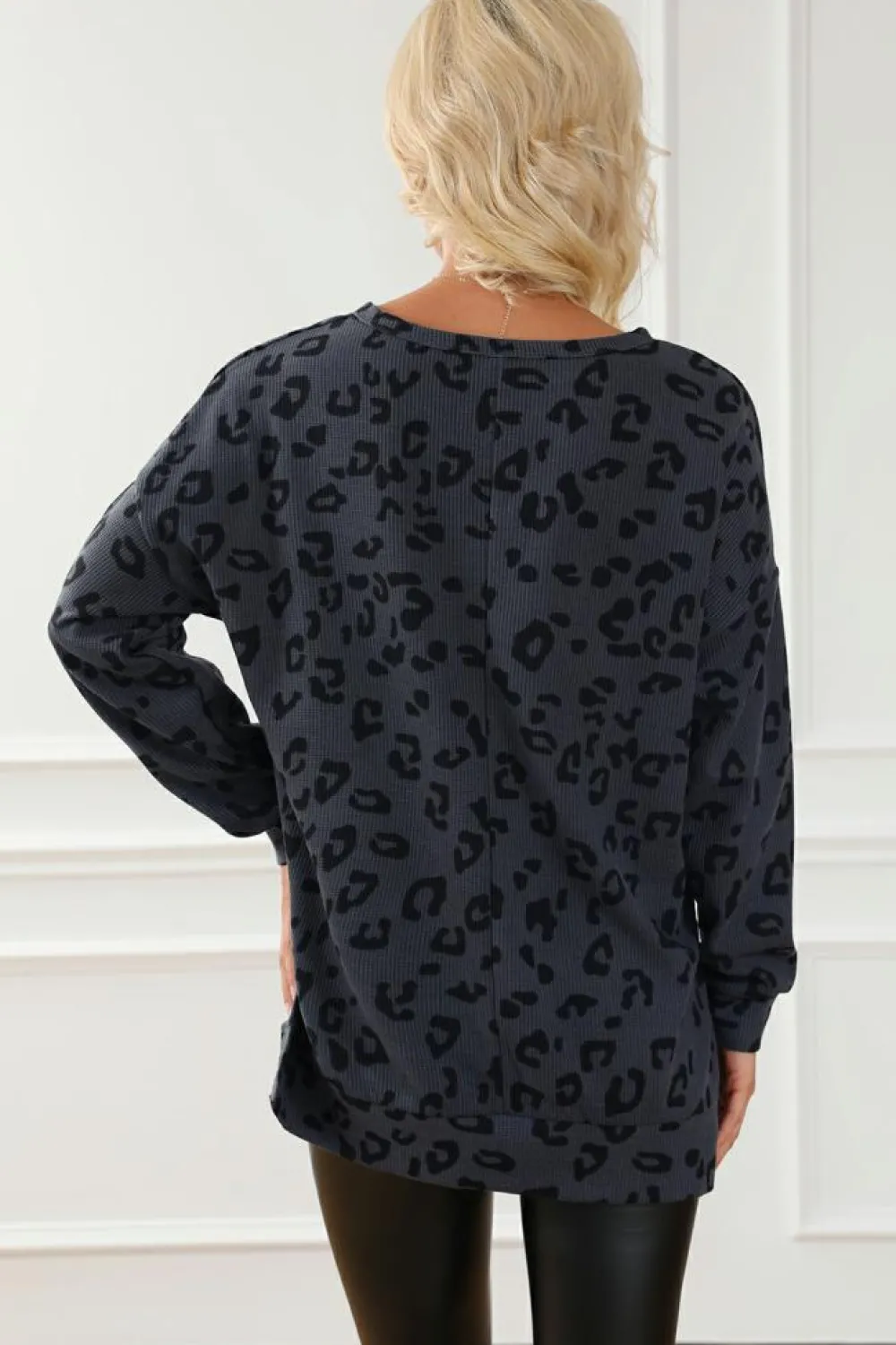 Sale Dear-Lover Leopard Print Button Split Neck Waffle Sweatshirt Gray