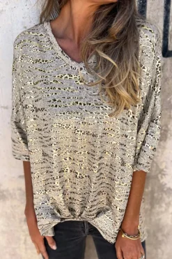 Online Dear-Lover Leopard Print Half Sleeve V Neck Loose Fit T Shirt Gray