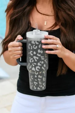 New Dear-Lover Leopard Print 40OZ Stainless Steel Portable Cup with Handle Gray