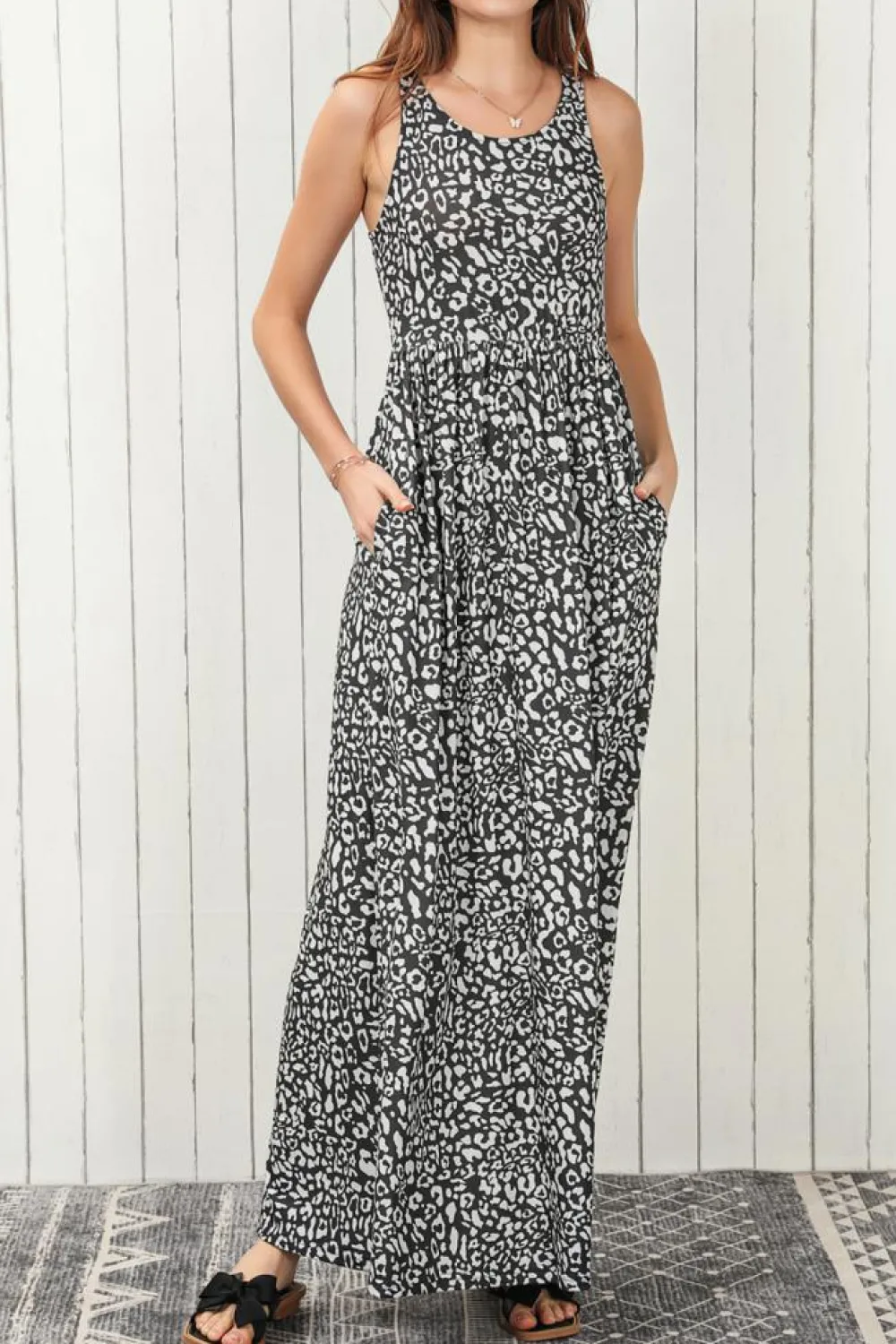 Clearance Dear-Lover Leopard Print Pocketed Sleeveless Maxi Dress Gray