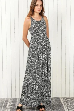Clearance Dear-Lover Leopard Print Pocketed Sleeveless Maxi Dress Gray