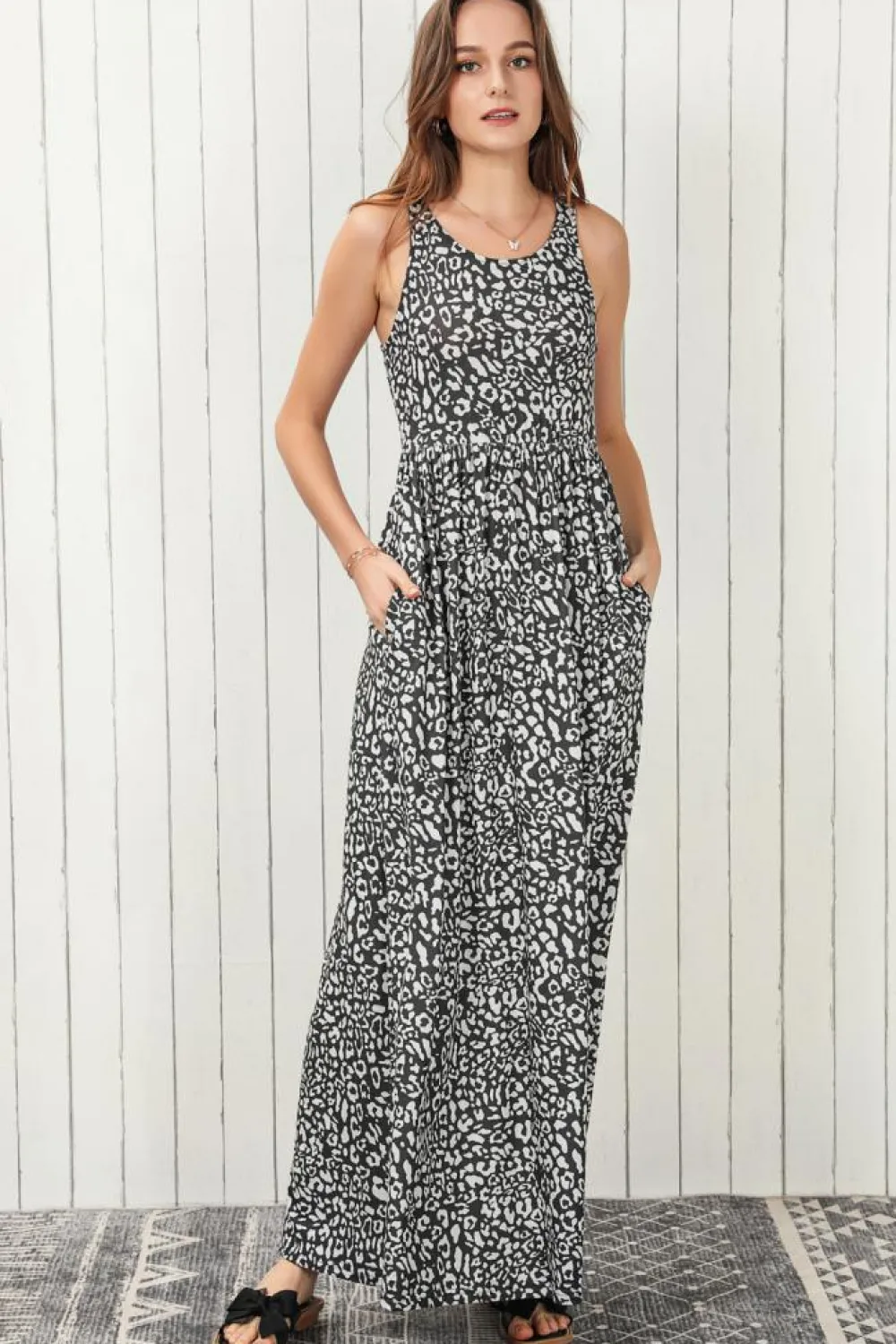 Clearance Dear-Lover Leopard Print Pocketed Sleeveless Maxi Dress Gray