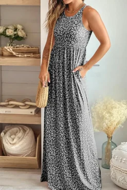 Clearance Dear-Lover Leopard Print Pocketed Sleeveless Maxi Dress Gray