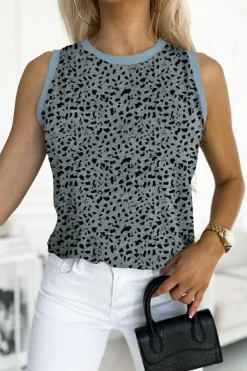 Clearance Dear-Lover Leopard Print Round Neck Tank Top Gray