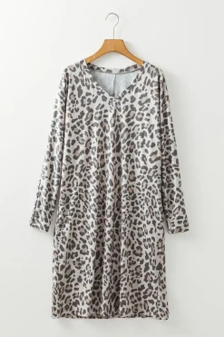 Clearance Dear-Lover Leopard Print V Neck Loose Fit Mini Dress Gray