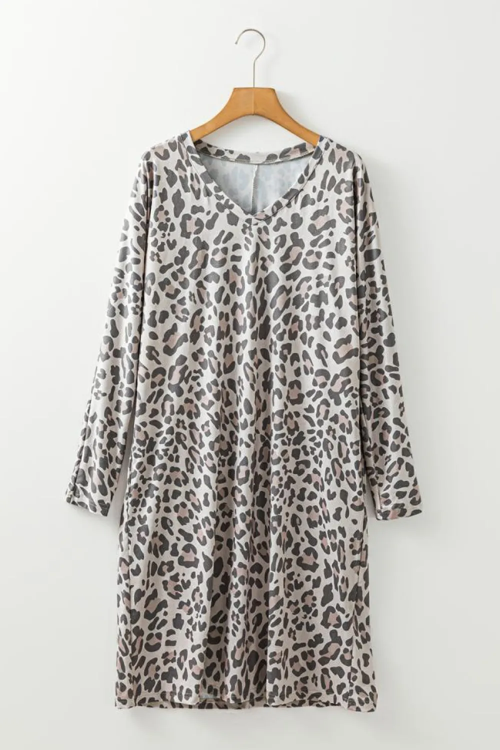 Clearance Dear-Lover Leopard Print V Neck Loose Fit Mini Dress Gray