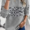 Clearance Dear-Lover Leopard Quilted Patchwork Crew Neck Sweatshirt Gray