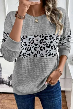 Clearance Dear-Lover Leopard Quilted Patchwork Crew Neck Sweatshirt Gray