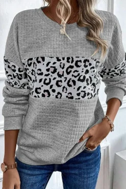 Clearance Dear-Lover Leopard Quilted Patchwork Crew Neck Sweatshirt Gray