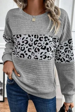Clearance Dear-Lover Leopard Quilted Patchwork Crew Neck Sweatshirt Gray