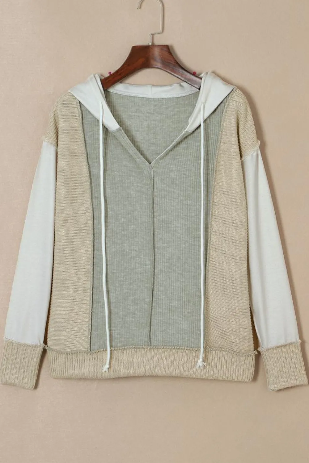 Sale Dear-Lover Long Sleeve Textured Knit Patchwork Hoodie Gray