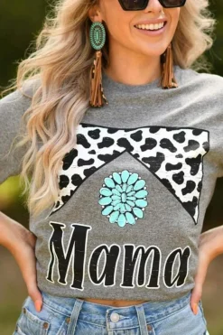 Fashion Dear-Lover Mama Cowhide Graphic Tee Gray