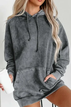 Discount Dear-Lover Mineral Wash Kangaroo Pocket Drawstring Pullover Hoodie Gray