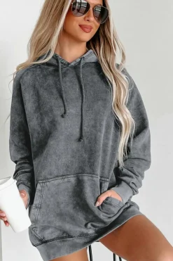 Discount Dear-Lover Mineral Wash Kangaroo Pocket Drawstring Pullover Hoodie Gray