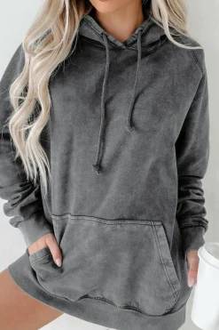 Discount Dear-Lover Mineral Wash Kangaroo Pocket Drawstring Pullover Hoodie Gray