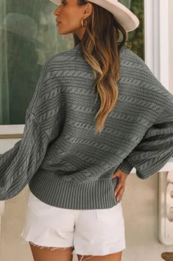Sale Dear-Lover Mock Neck Lantern Sleeve Cable Knit Sweater Gray