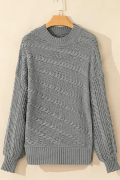 Sale Dear-Lover Mock Neck Lantern Sleeve Cable Knit Sweater Gray