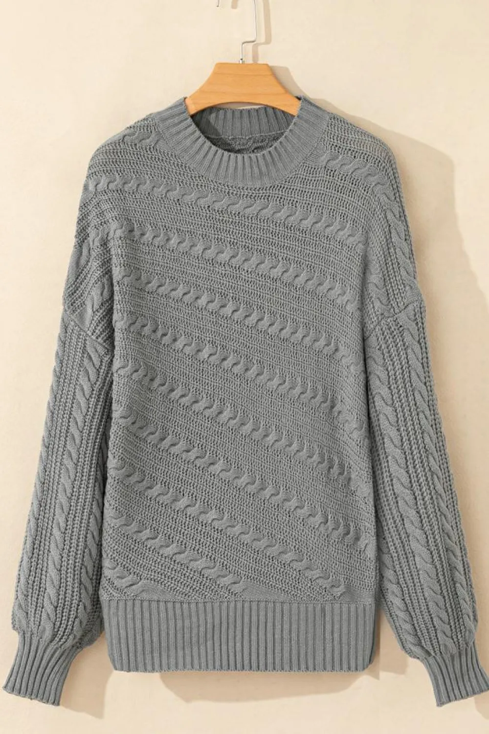Sale Dear-Lover Mock Neck Lantern Sleeve Cable Knit Sweater Gray