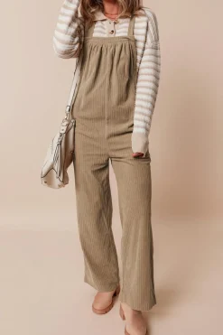 Best Dear-Lover Solid Pocketed Loose Fit Corduroy Overall Gray Morn