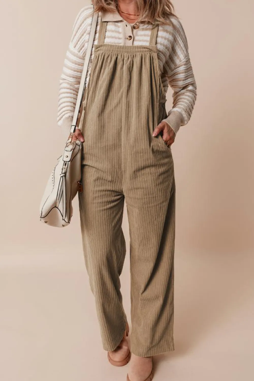 Best Dear-Lover Solid Pocketed Loose Fit Corduroy Overall Gray Morn