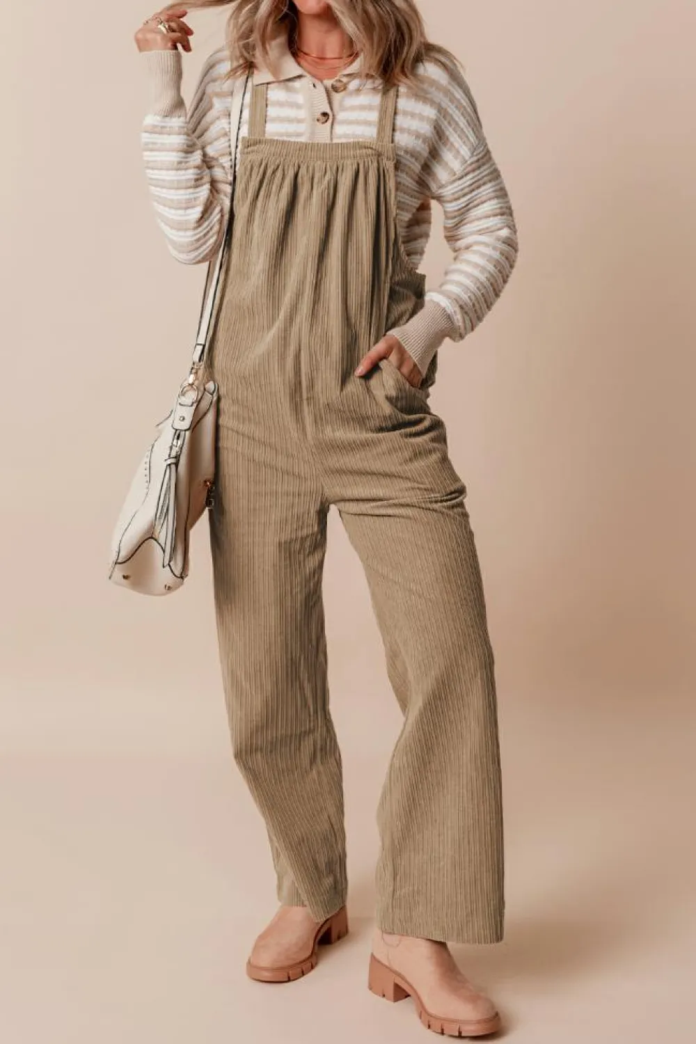 Best Dear-Lover Solid Pocketed Loose Fit Corduroy Overall Gray Morn