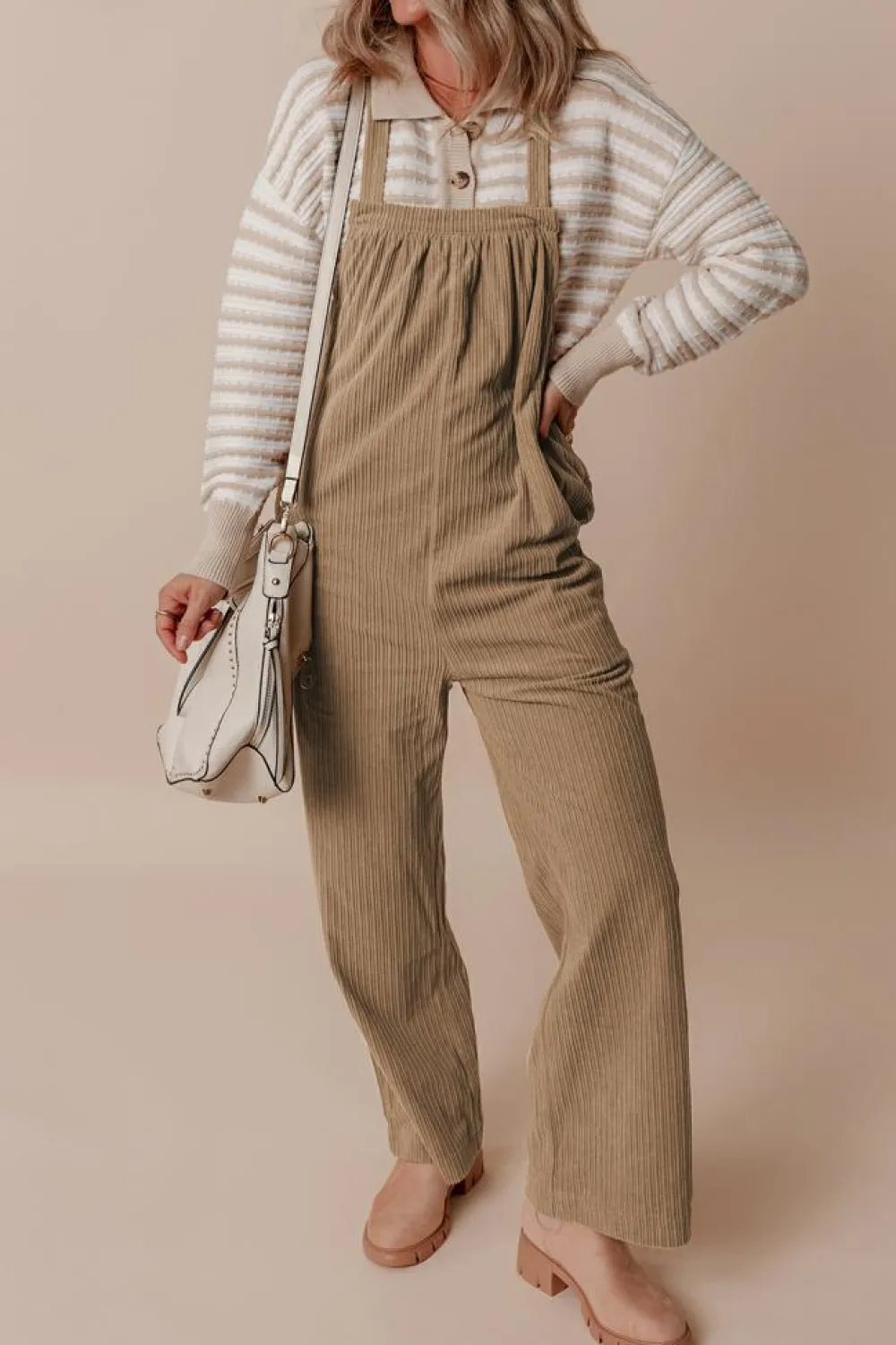 Best Dear-Lover Solid Pocketed Loose Fit Corduroy Overall Gray Morn