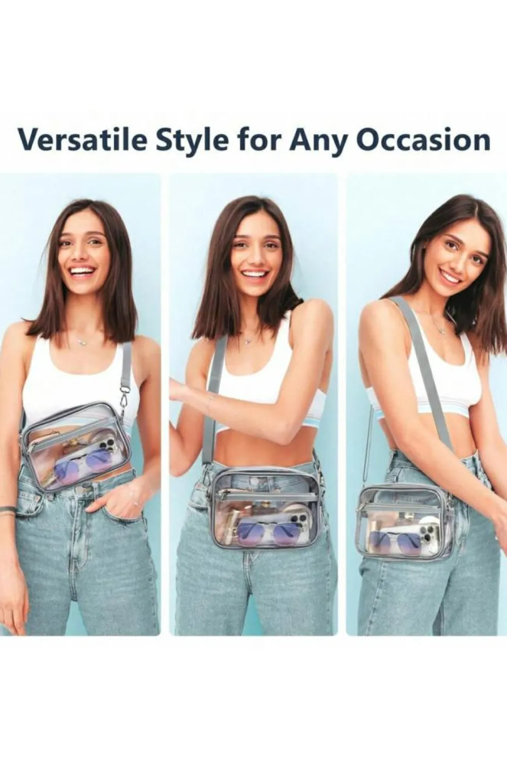 Fashion Dear-Lover Multi-Pocket Contrast Edge Detachable Strap Clear Shoulder Bag Gray