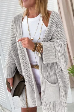 Online Dear-Lover Oversized Fold Over Sleeve Open Front Cardigan Gray