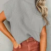 Sale Dear-Lover Patch Pocket Ribbed Knit Short Sleeve Sweater Gray