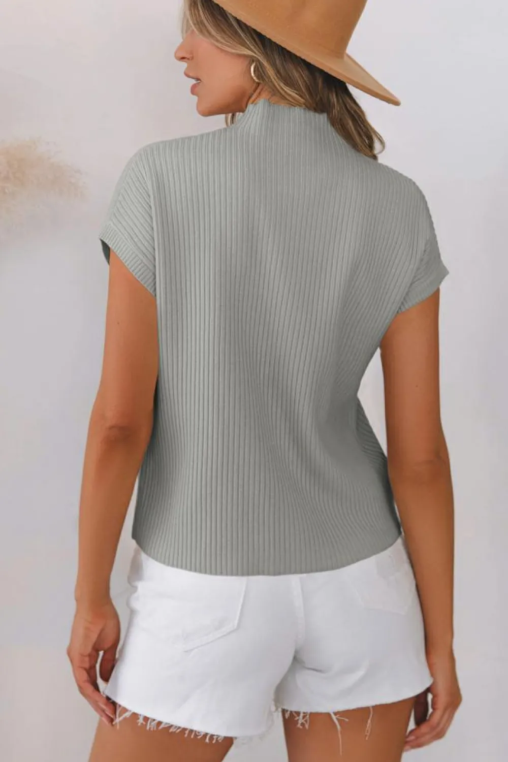 Sale Dear-Lover Patch Pocket Ribbed Knit Short Sleeve Sweater Gray