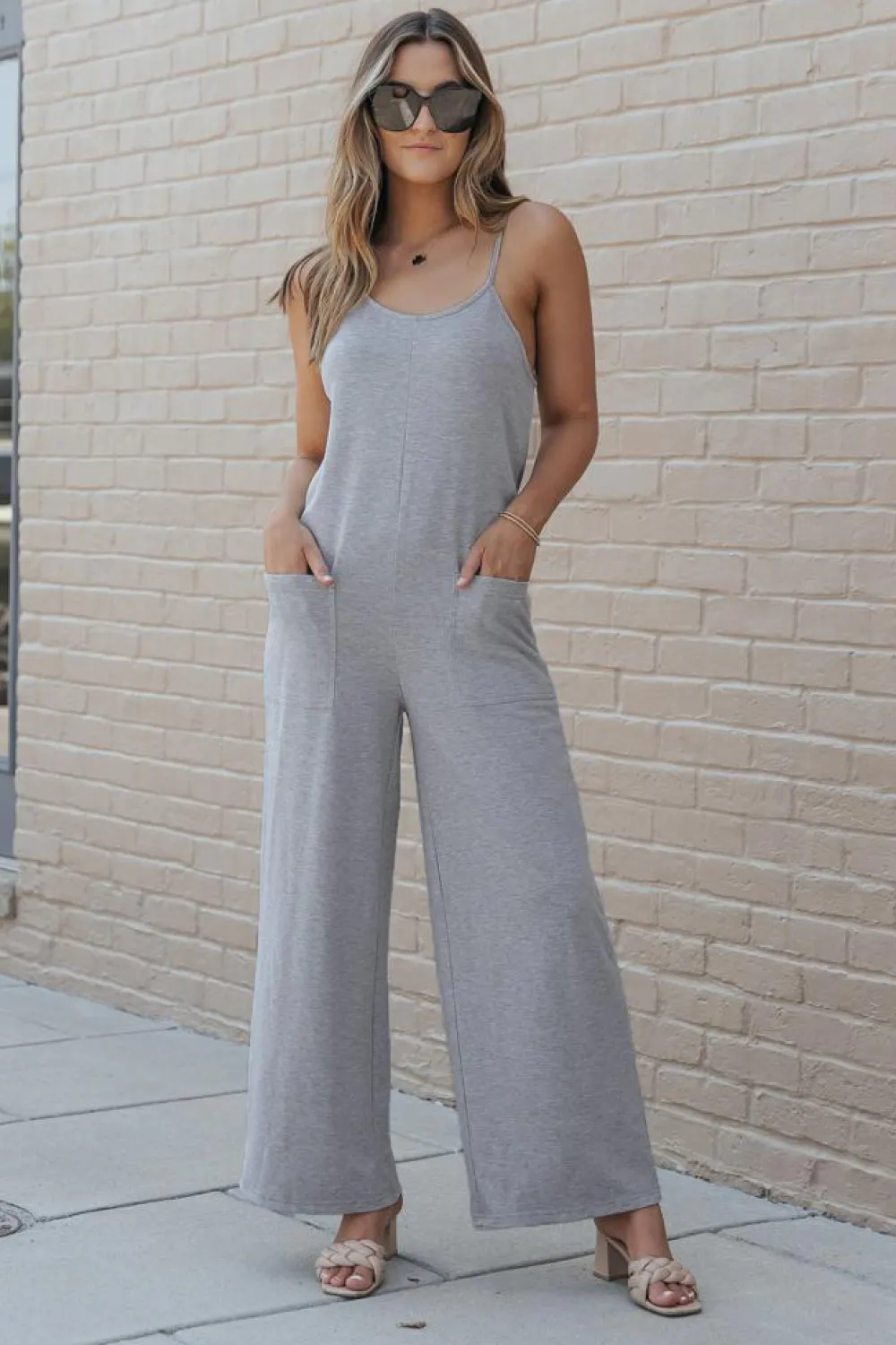 Discount Dear-Lover Patch Pockets Spaghetti Strap Wide Leg Jumpsuit Gray