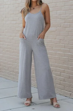 Discount Dear-Lover Patch Pockets Spaghetti Strap Wide Leg Jumpsuit Gray