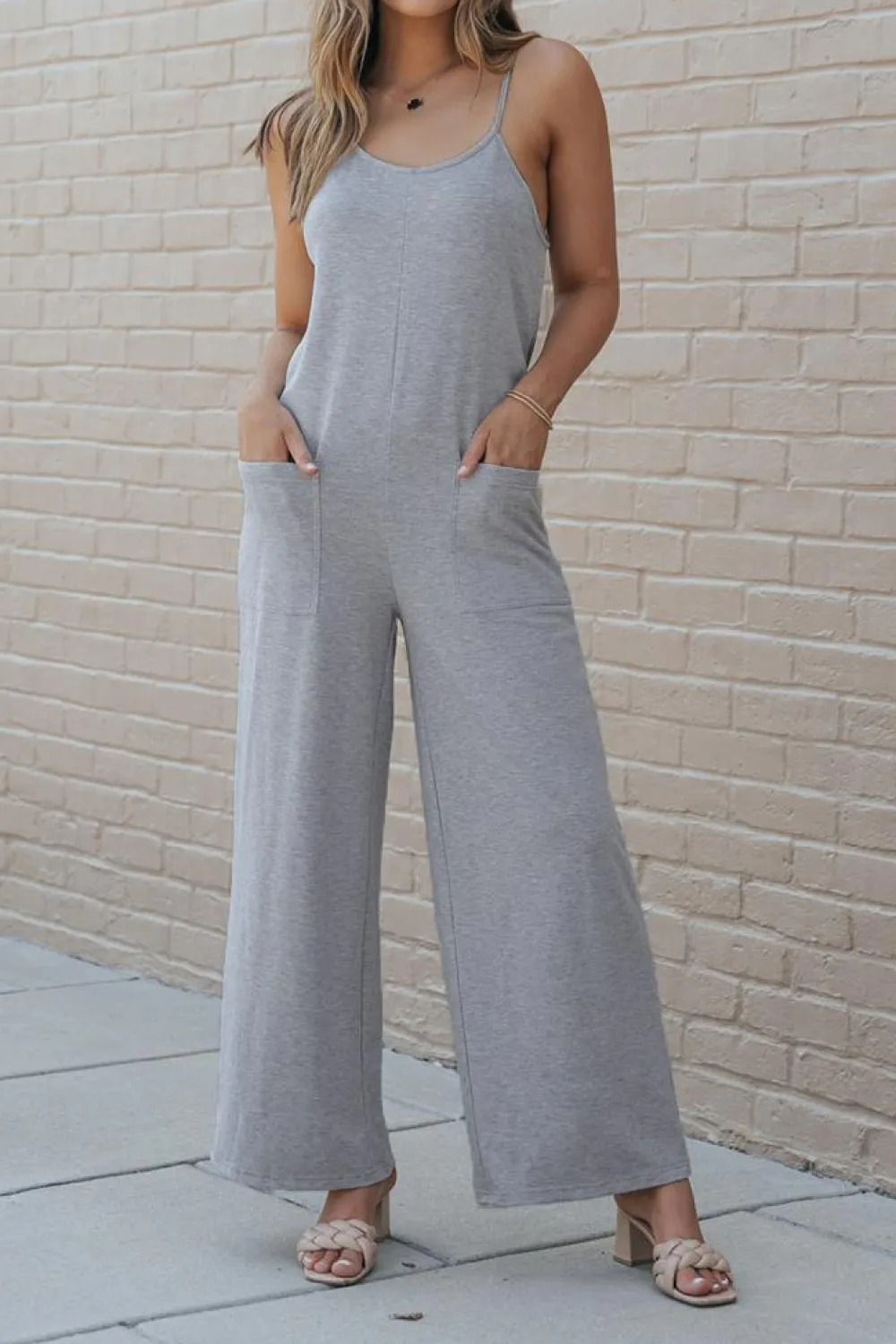 Discount Dear-Lover Patch Pockets Spaghetti Strap Wide Leg Jumpsuit Gray