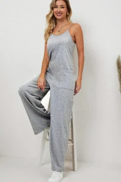 Discount Dear-Lover Patch Pockets Spaghetti Strap Wide Leg Jumpsuit Gray
