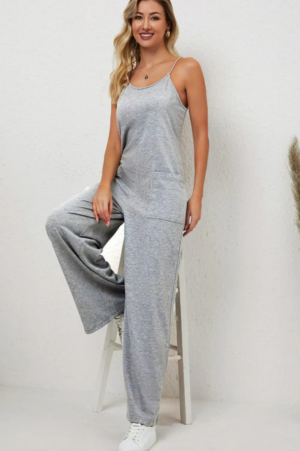 Discount Dear-Lover Patch Pockets Spaghetti Strap Wide Leg Jumpsuit Gray