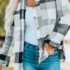 Sale Dear-Lover Plaid Color Block Buttoned Long Sleeve Jacket with Pocket Gray