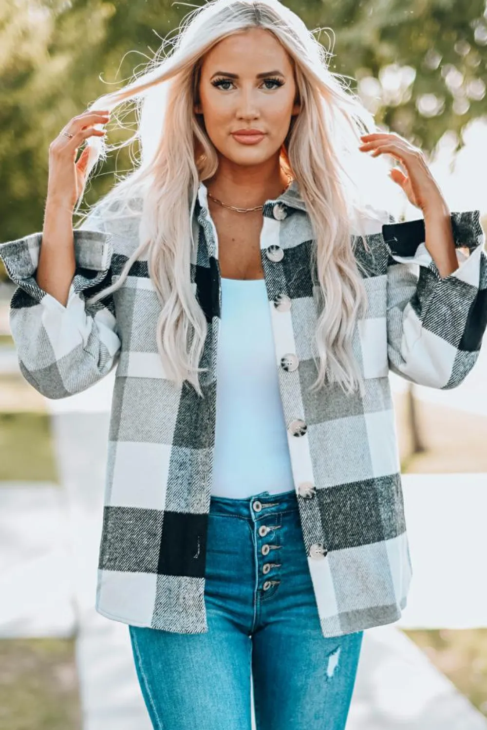 Sale Dear-Lover Plaid Color Block Buttoned Long Sleeve Jacket with Pocket Gray