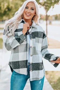Sale Dear-Lover Plaid Color Block Buttoned Long Sleeve Jacket with Pocket Gray