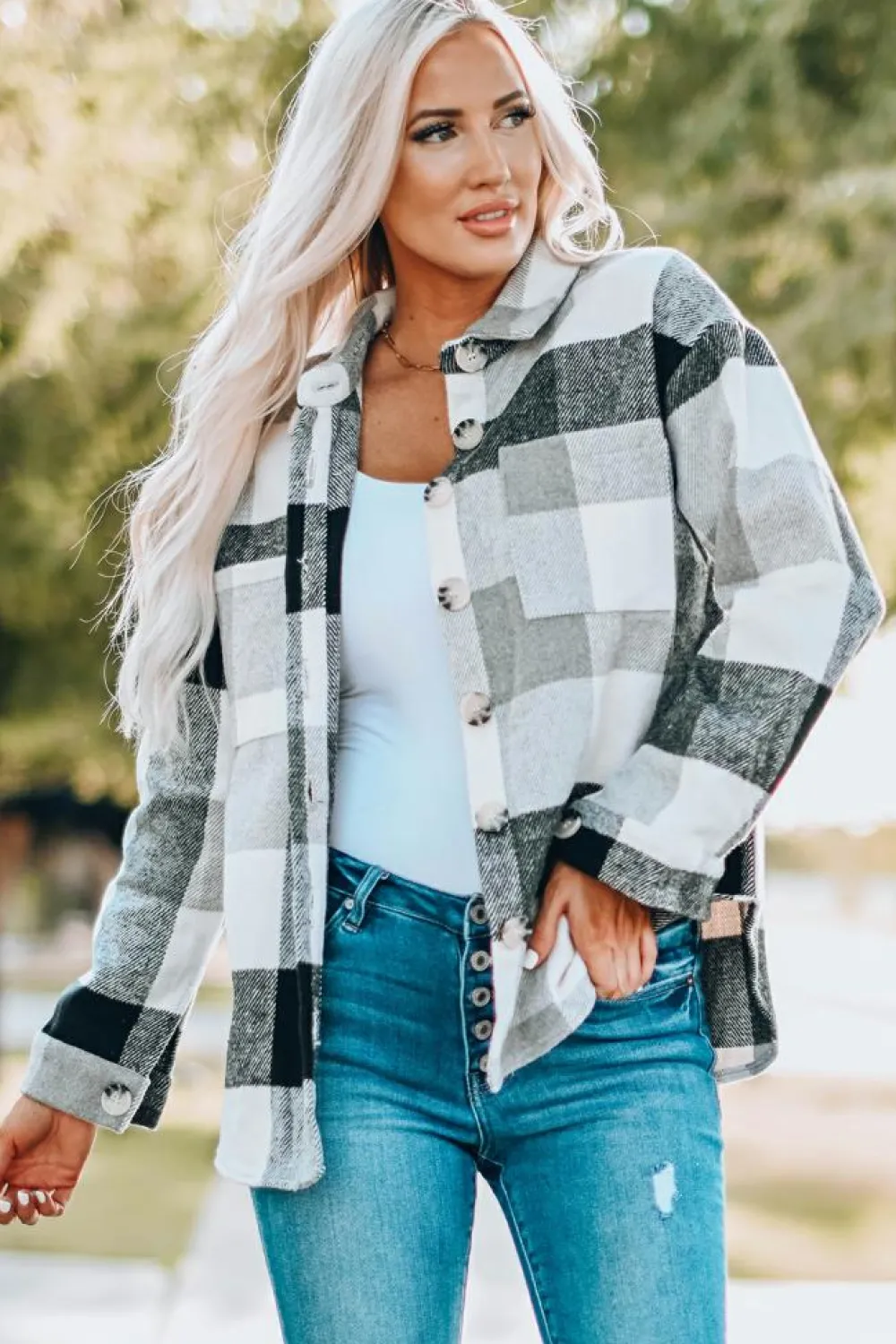 Sale Dear-Lover Plaid Color Block Buttoned Long Sleeve Jacket with Pocket Gray